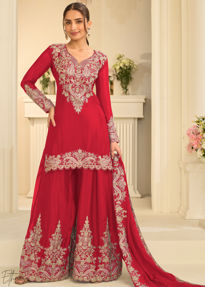 Crimson Red Majestic Baroque Chinon Sharara Suit