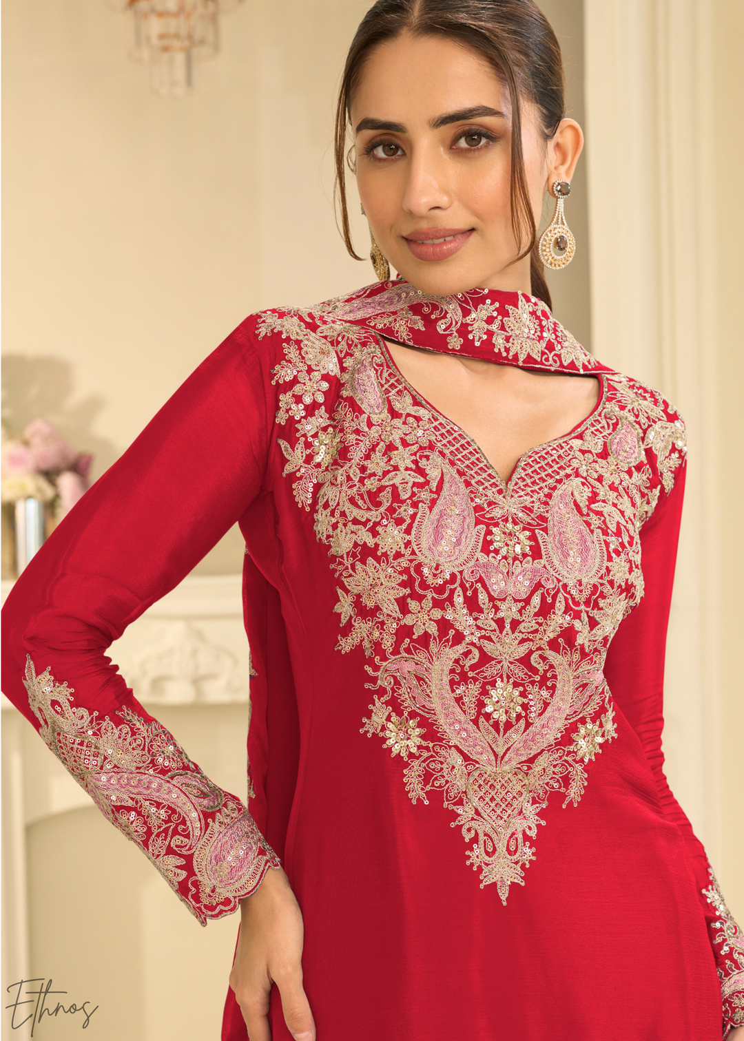 Crimson Red Majestic Baroque Chinon Sharara Suit