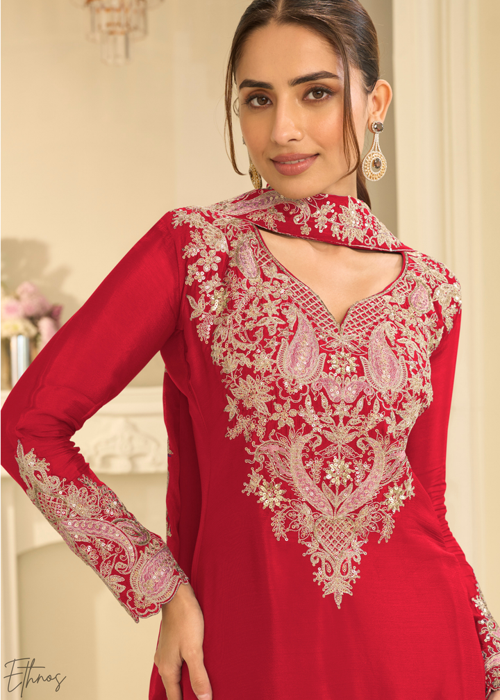 Crimson Red Majestic Baroque Chinon Sharara Suit