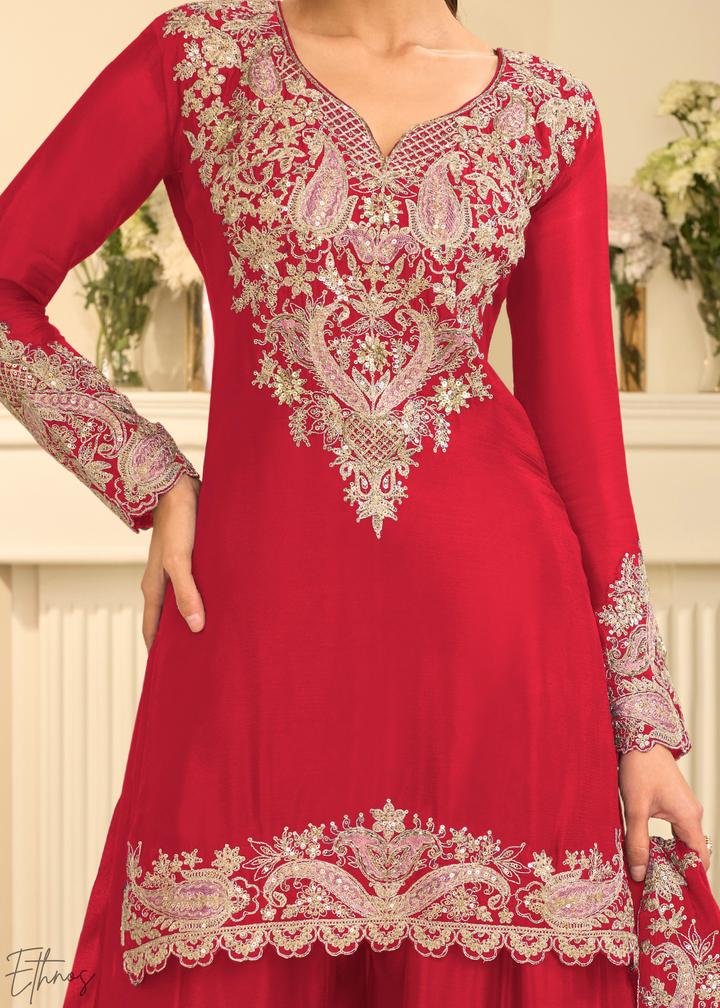 Crimson Red Majestic Baroque Chinon Sharara Suit