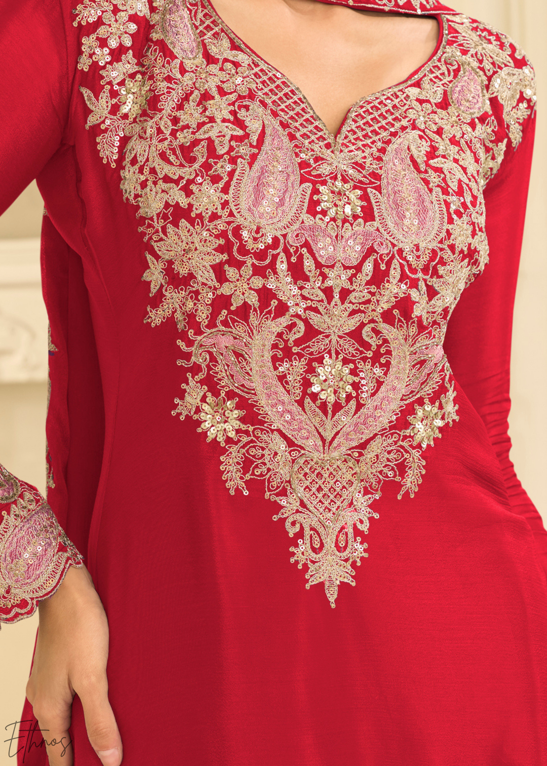 Crimson Red Majestic Baroque Chinon Sharara Suit