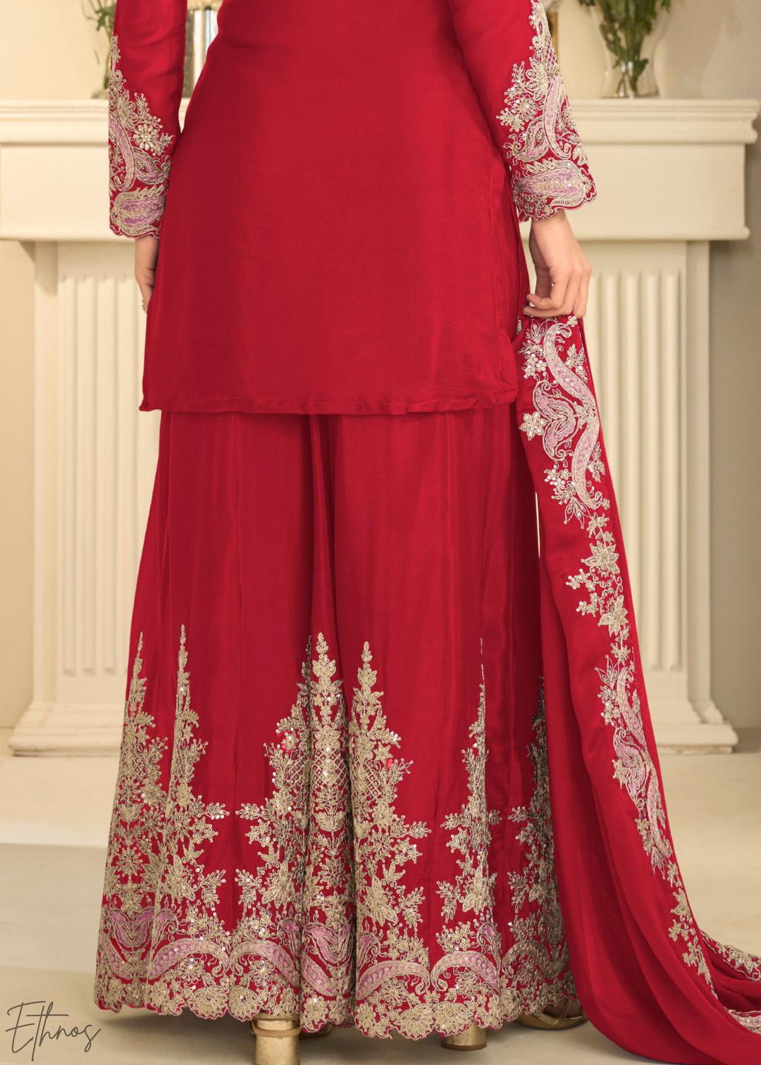 Crimson Red Majestic Baroque Chinon Sharara Suit