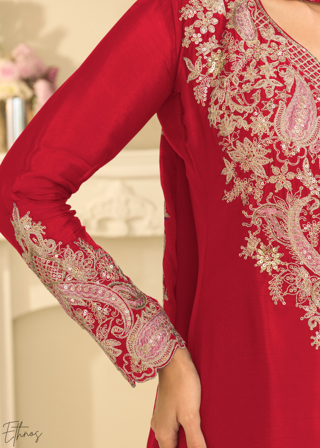 Crimson Red Majestic Baroque Chinon Sharara Suit