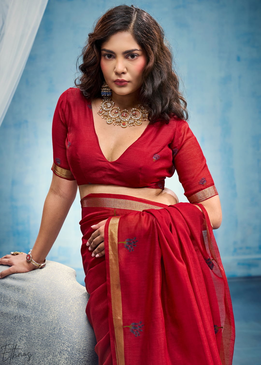 Crimson Red Rose Jamdani Munga Cotton Saree