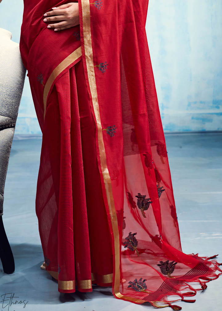 Crimson Red Rose Jamdani Munga Cotton Saree