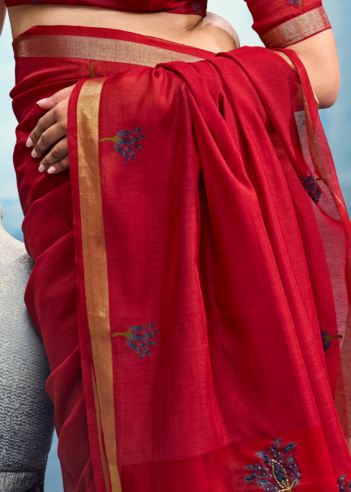 Crimson Red Rose Jamdani Munga Cotton Saree