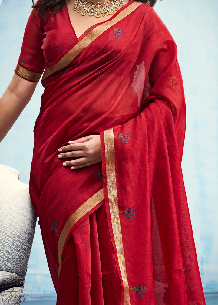 Crimson Red Rose Jamdani Munga Cotton Saree
