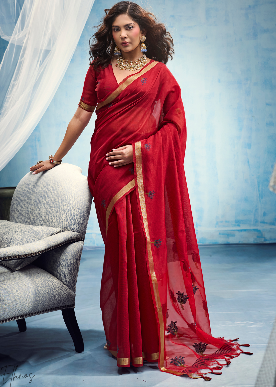 Crimson Red Rose Jamdani Munga Cotton Saree