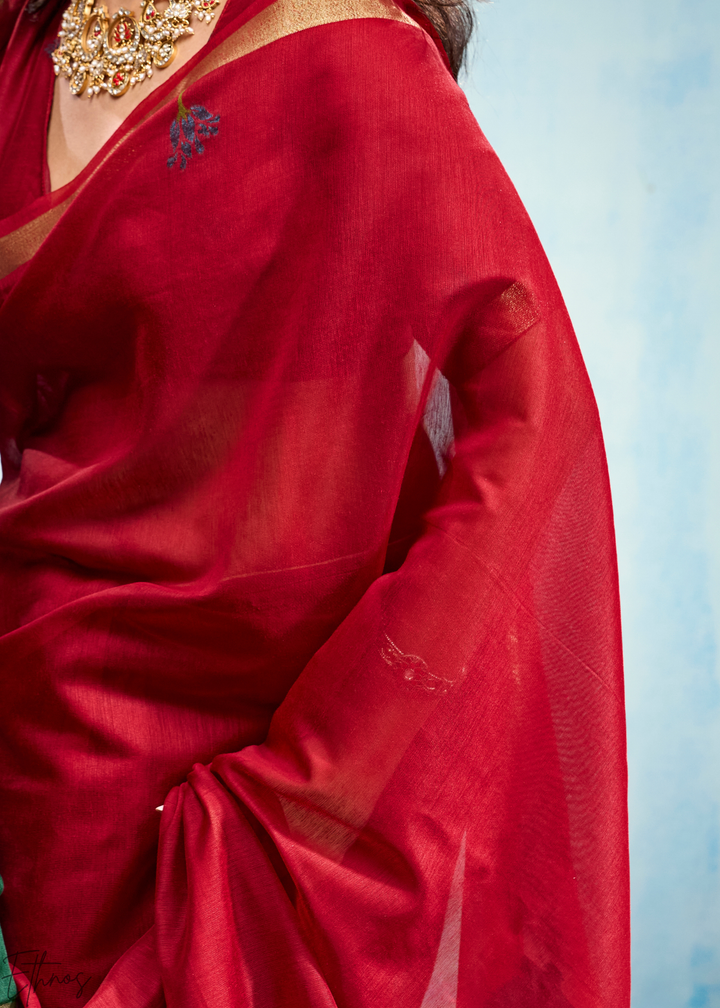 Crimson Red Rose Jamdani Munga Cotton Saree