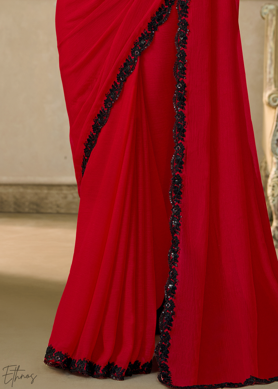 Crimson Red Ruffle Border Chiffon Saree