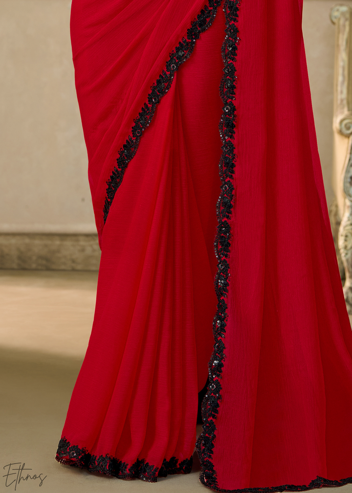 Crimson Red Ruffle Border Chiffon Saree