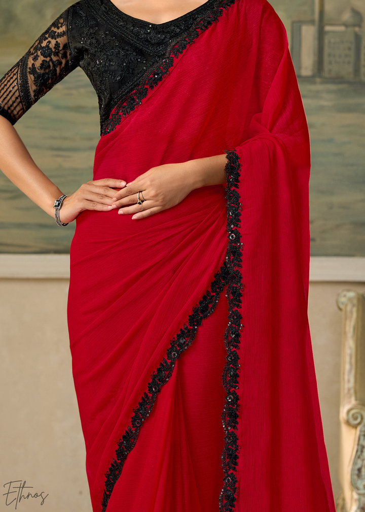 Crimson Red Ruffle Border Chiffon Saree