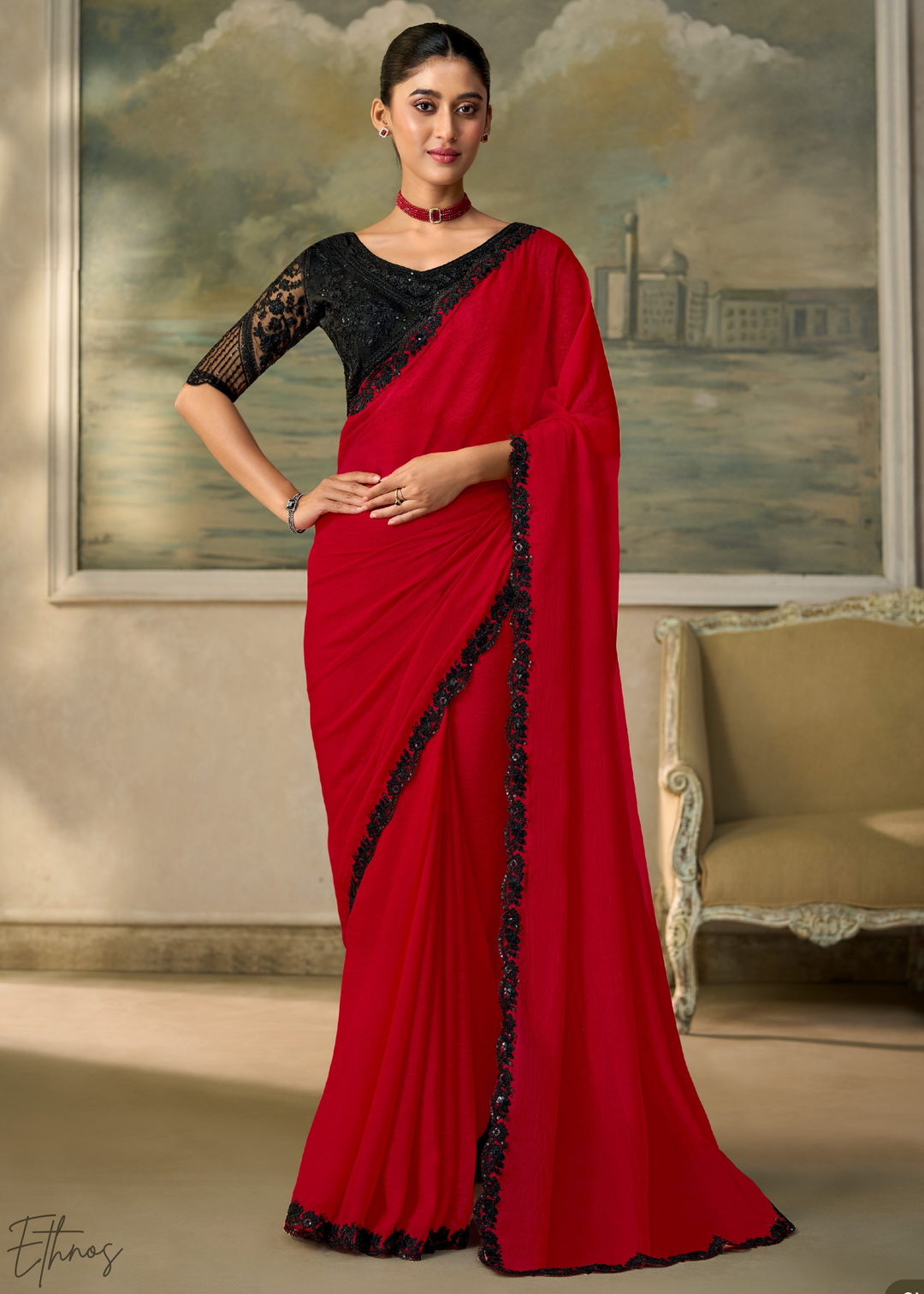 Crimson Red Ruffle Border Chiffon Saree