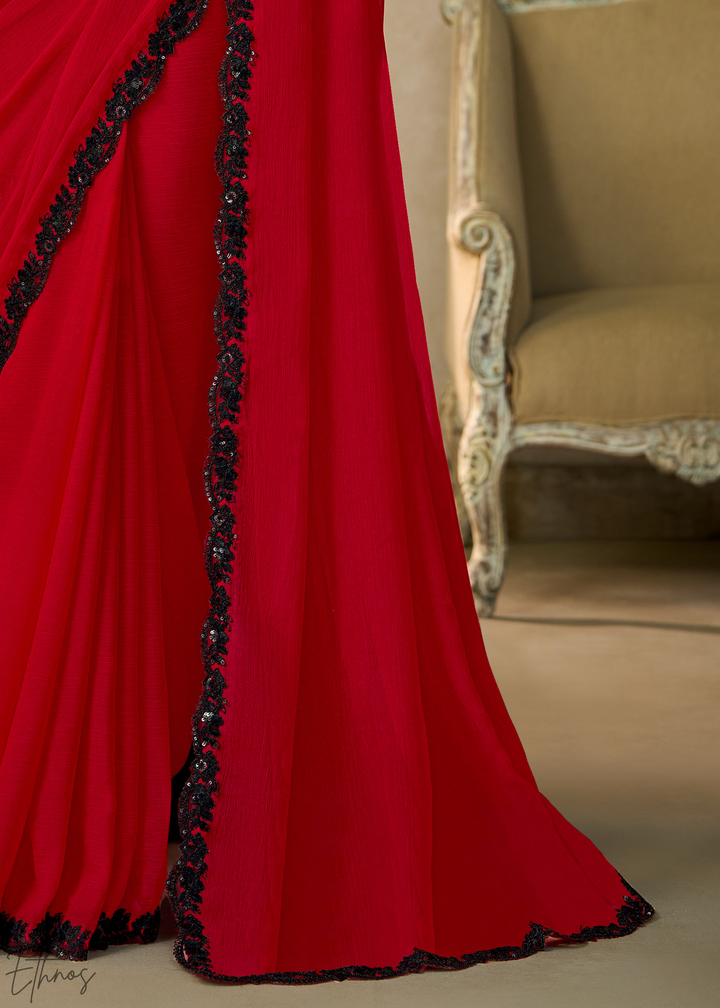 Crimson Red Ruffle Border Chiffon Saree