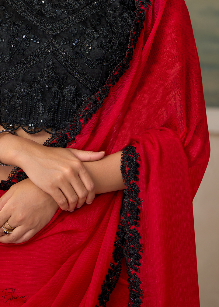 Crimson Red Ruffle Border Chiffon Saree