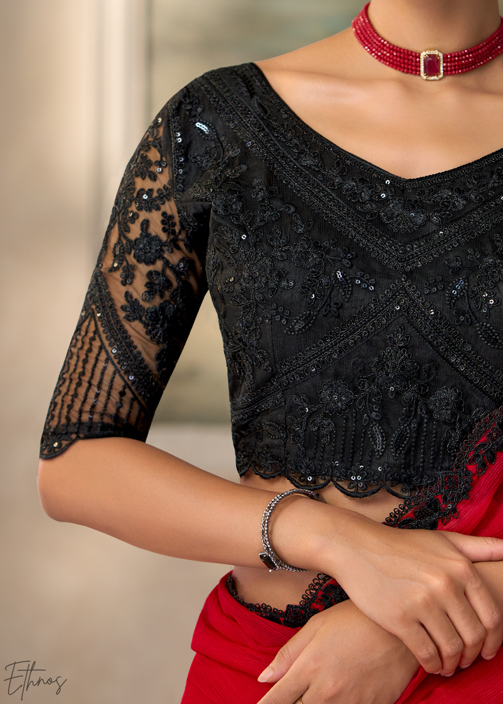 Crimson Red Ruffle Border Chiffon Saree