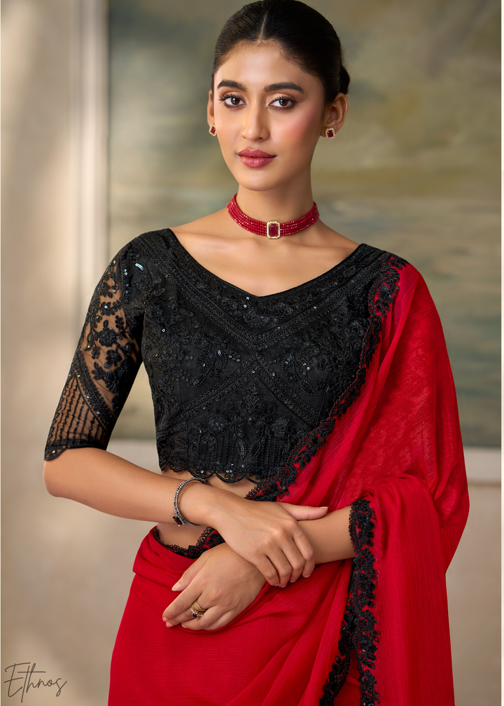 Crimson Red Ruffle Border Chiffon Saree