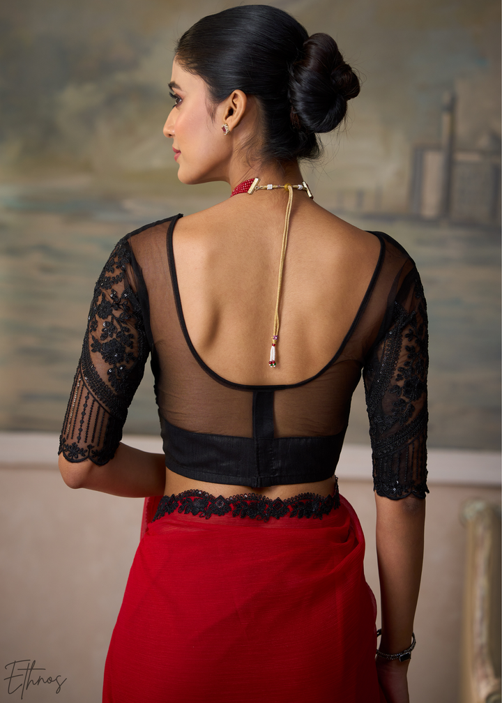 Crimson Red Ruffle Border Chiffon Saree
