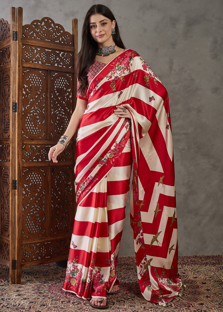 Crimson Red Floral Striped Modal Silk Saree