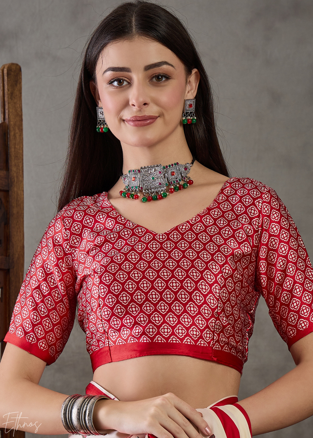 Crimson Red Floral Striped Modal Silk Saree