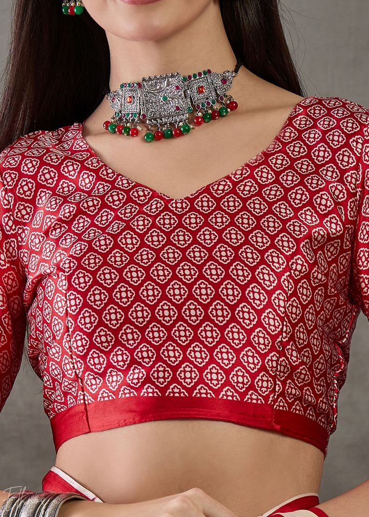 Crimson Red Floral Striped Modal Silk Saree