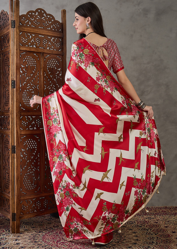 Crimson Red Floral Striped Modal Silk Saree