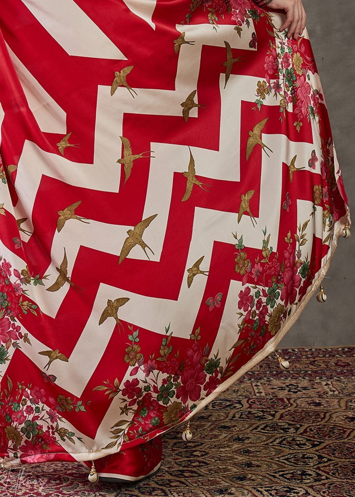 Crimson Red Floral Striped Modal Silk Saree