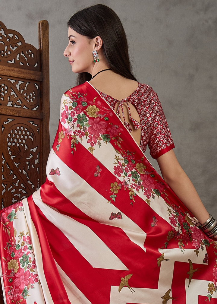 Crimson Red Floral Striped Modal Silk Saree