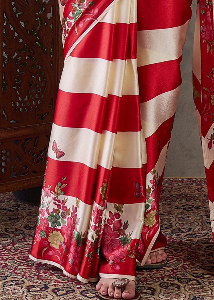 Crimson Red Floral Striped Modal Silk Saree