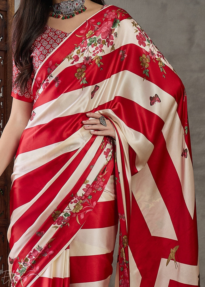 Crimson Red Floral Striped Modal Silk Saree