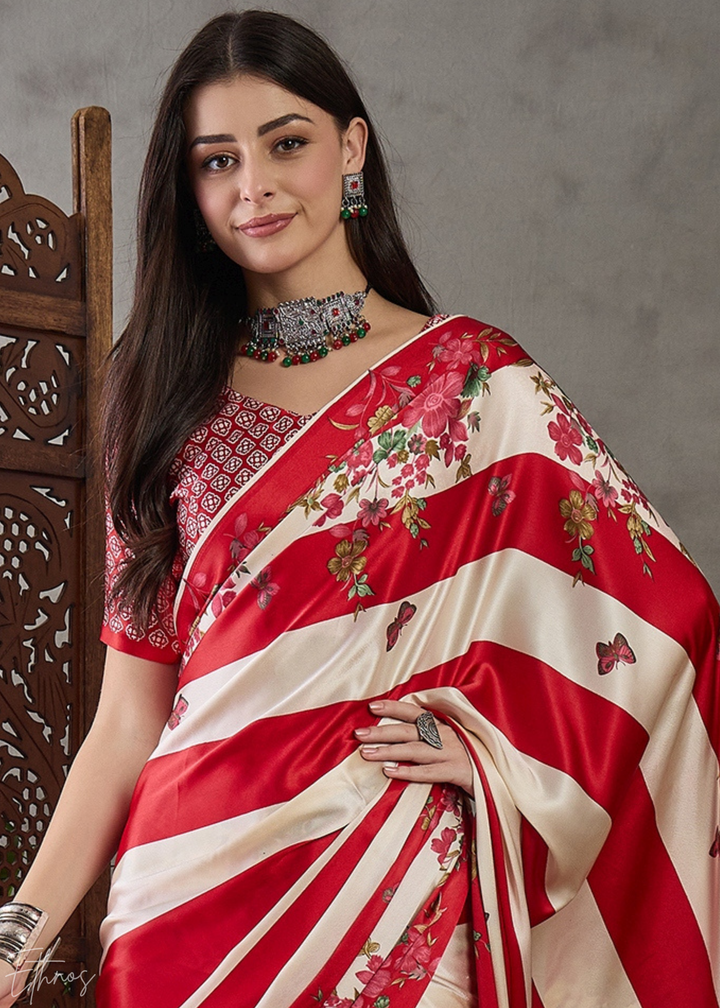 Crimson Red Floral Striped Modal Silk Saree