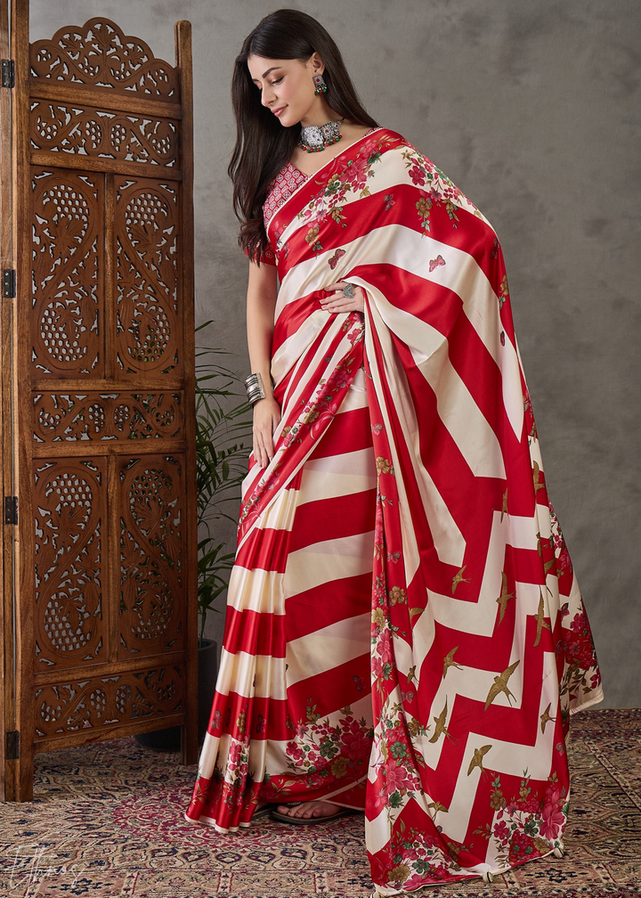 Crimson Red Floral Striped Modal Silk Saree
