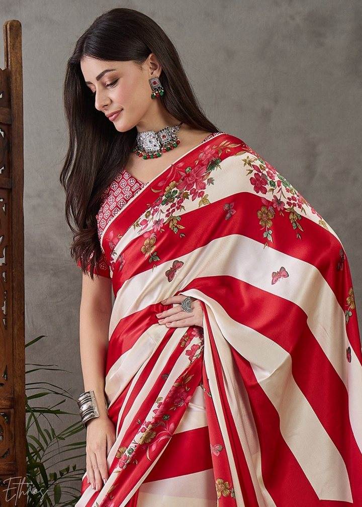 Crimson Red Floral Striped Modal Silk Saree