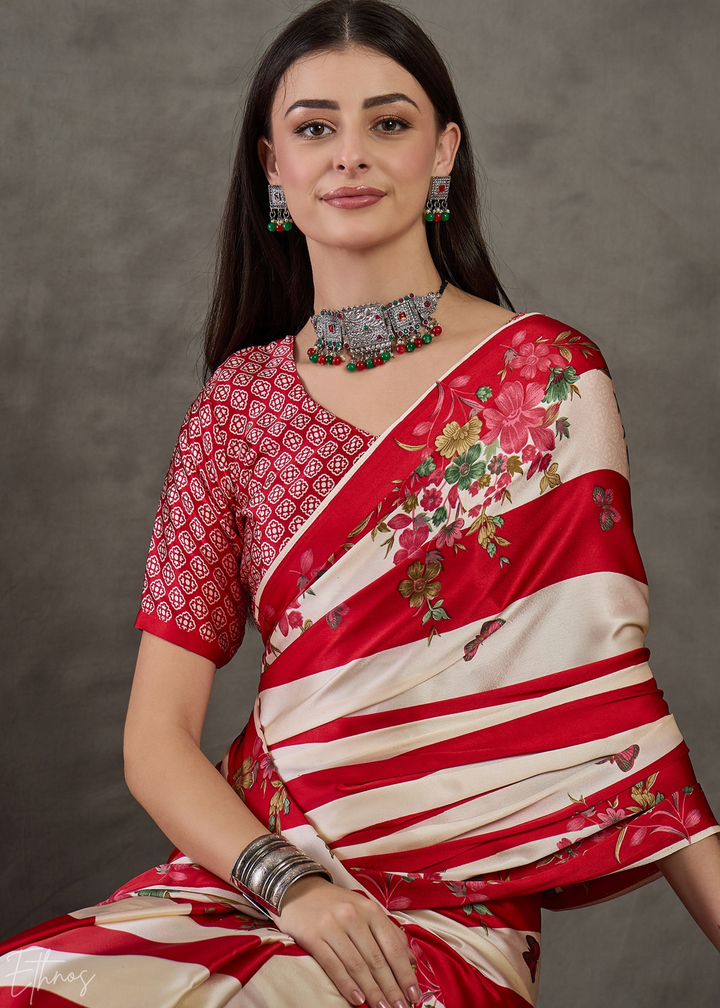 Crimson Red Floral Striped Modal Silk Saree