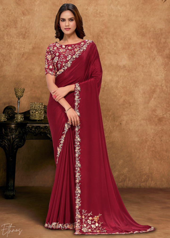 Crimson Red Sequin Embroidered Organza Satin Saree