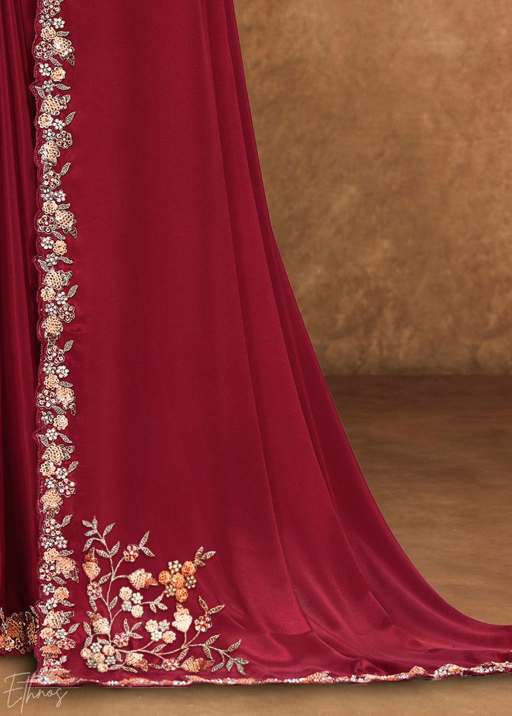 Crimson Red Sequin Embroidered Organza Satin Saree