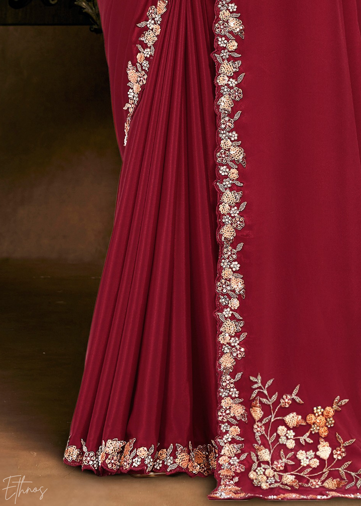Crimson Red Sequin Embroidered Organza Satin Saree