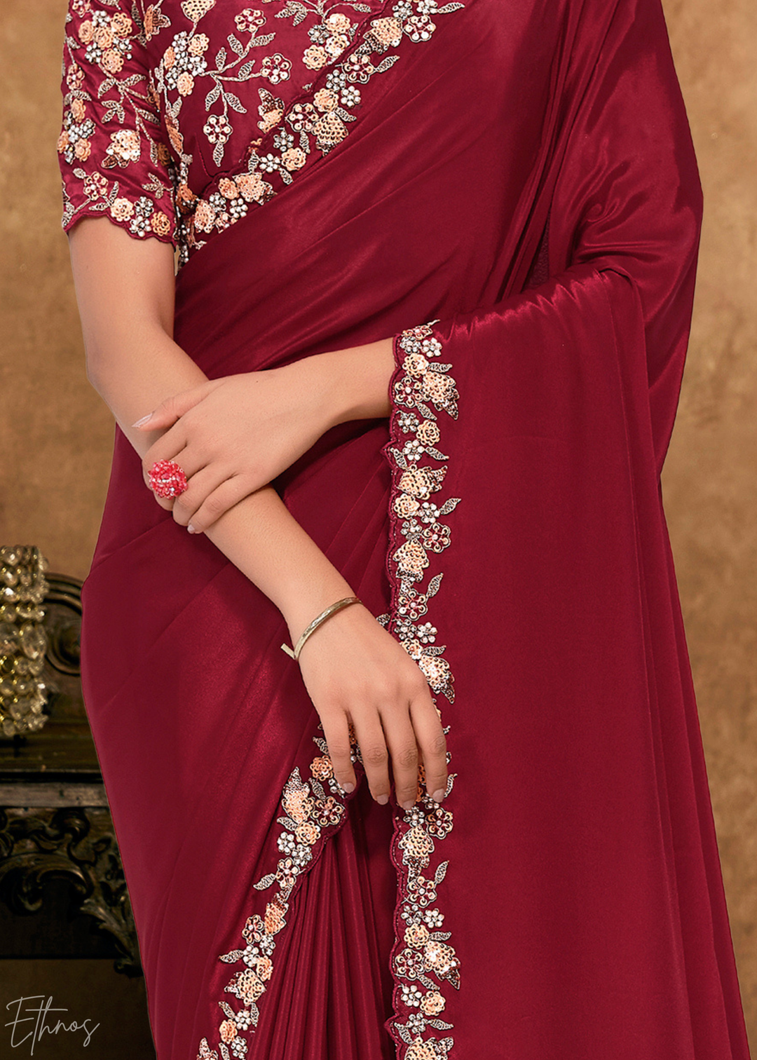 Crimson Red Sequin Embroidered Organza Satin Saree