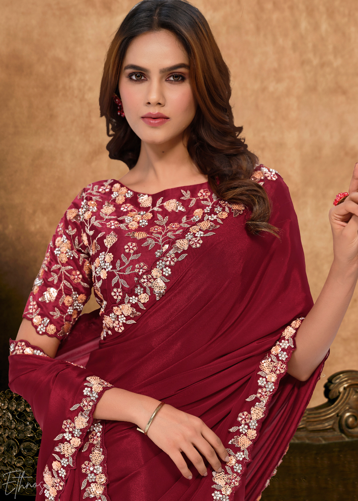Crimson Red Sequin Embroidered Organza Satin Saree