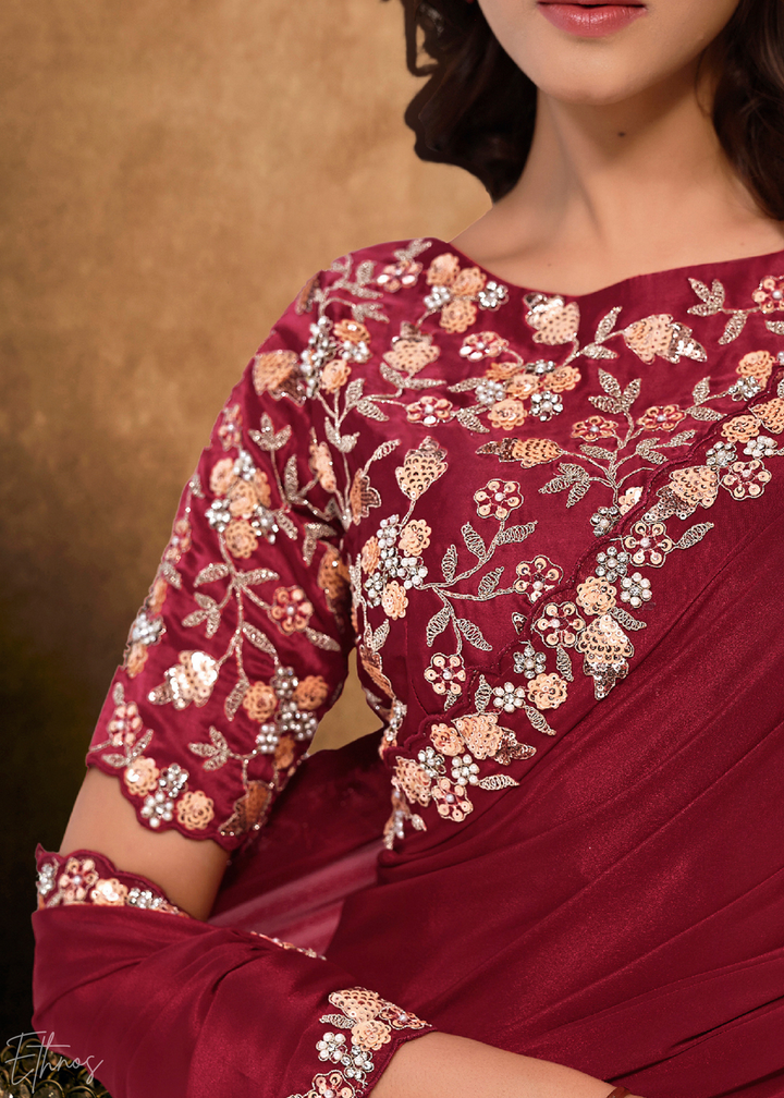 Crimson Red Sequin Embroidered Organza Satin Saree