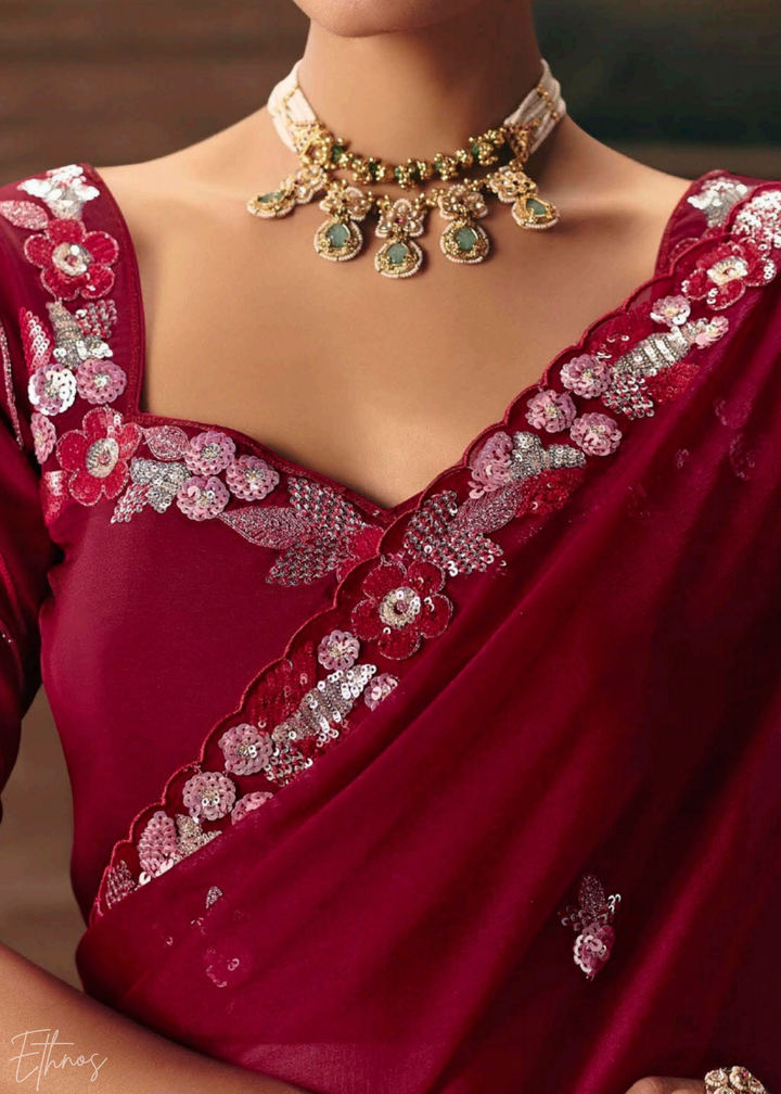 Crimson Red Sequins Organza Saree