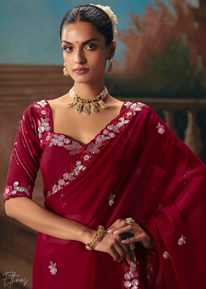 Crimson Red Sequins Organza Saree