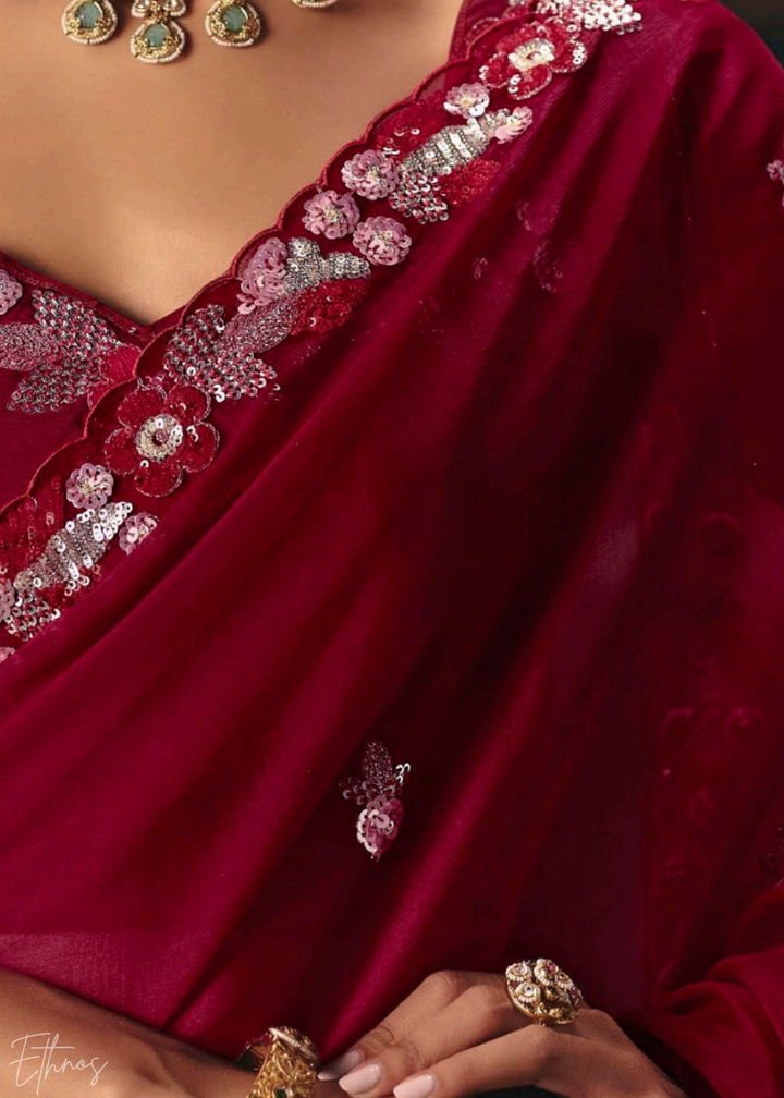 Crimson Red Sequins Organza Saree