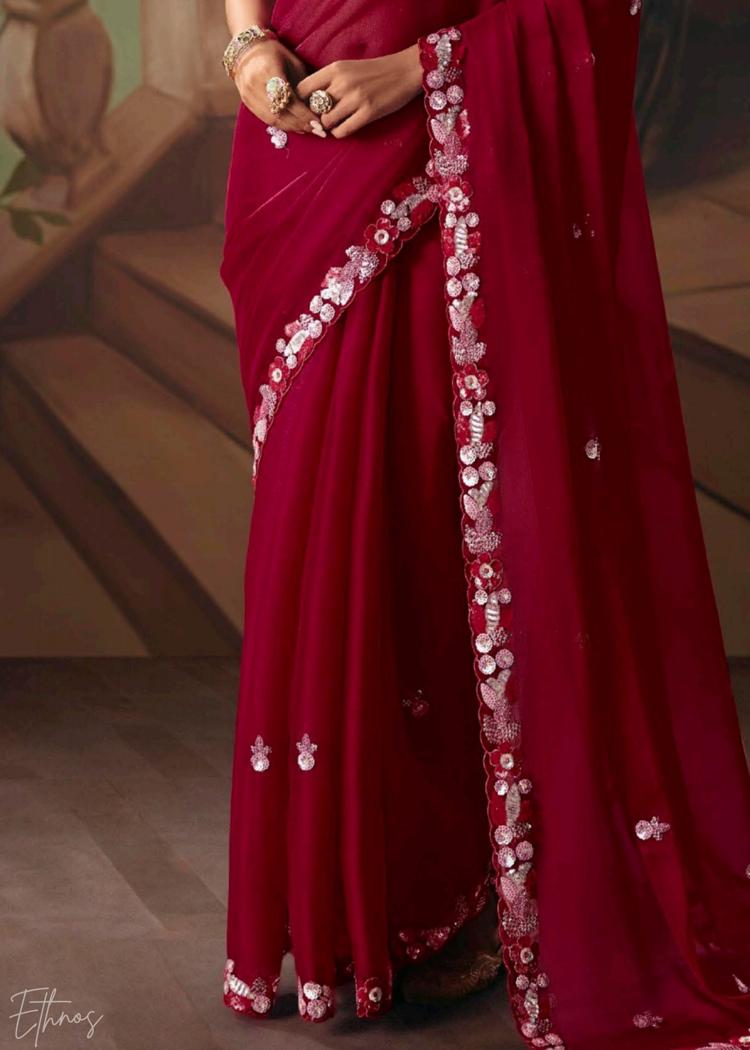 Crimson Red Sequins Organza Saree