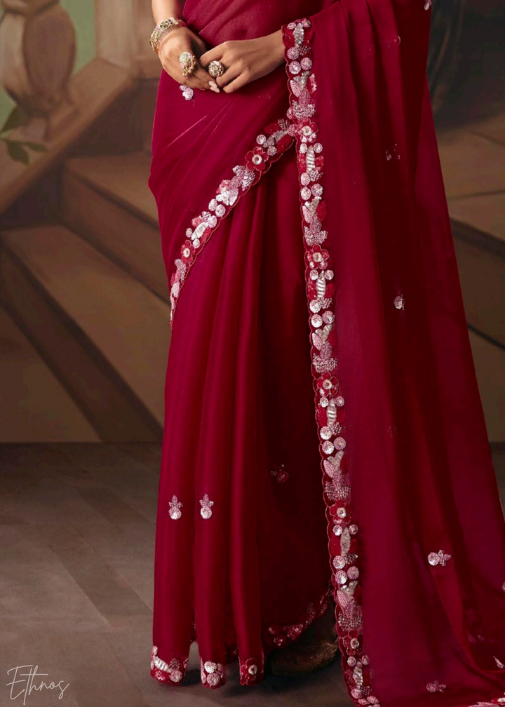 Crimson Red Sequins Organza Saree