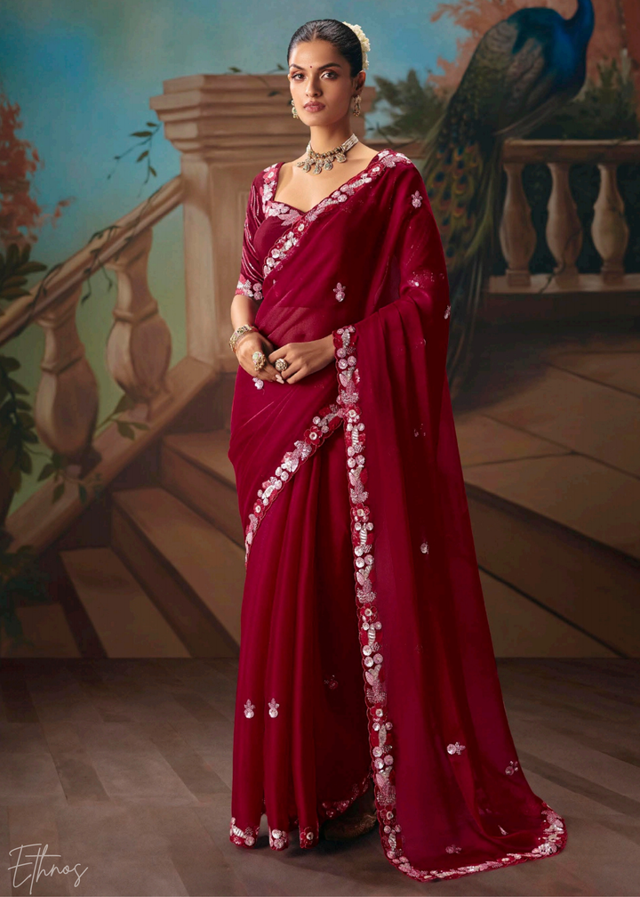 Crimson Red Sequins Organza Saree