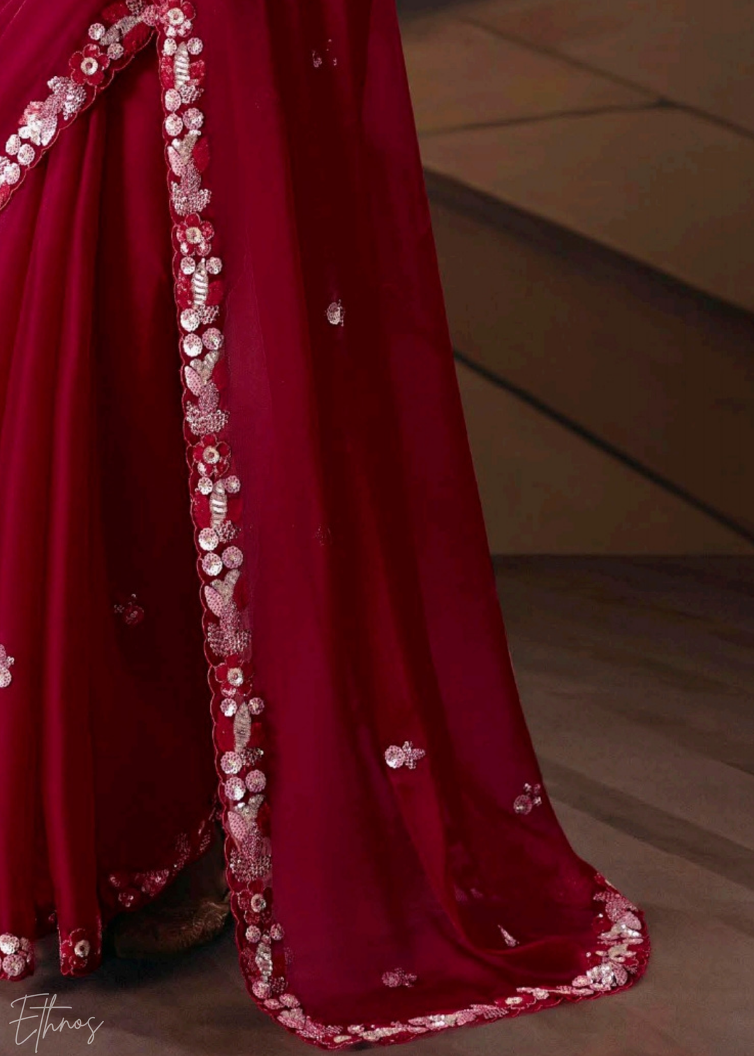 Crimson Red Sequins Organza Saree