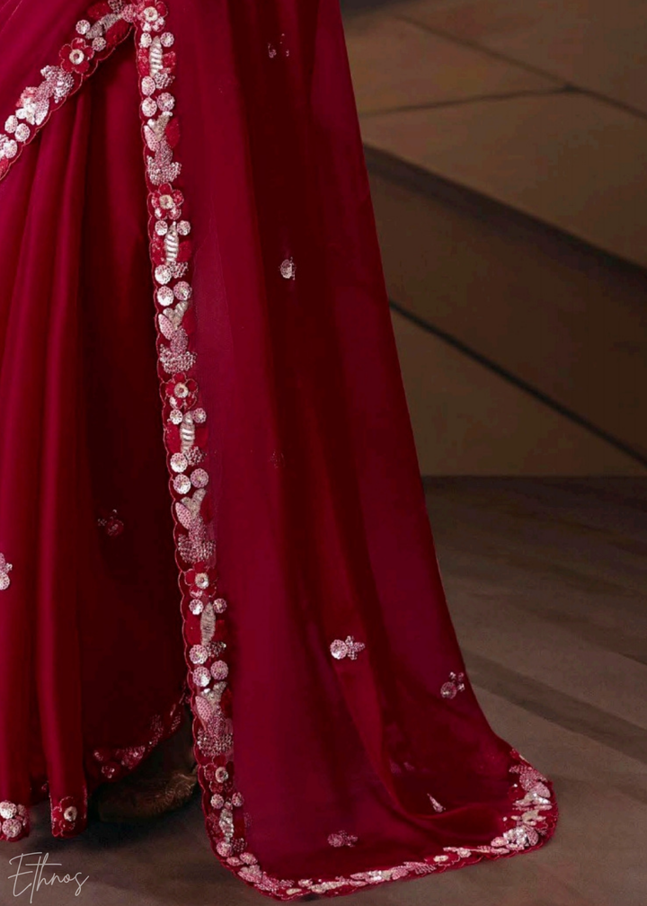 Crimson Red Sequins Organza Saree