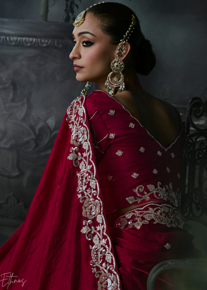 Crimson Red Sleek Border Organza Silk Saree