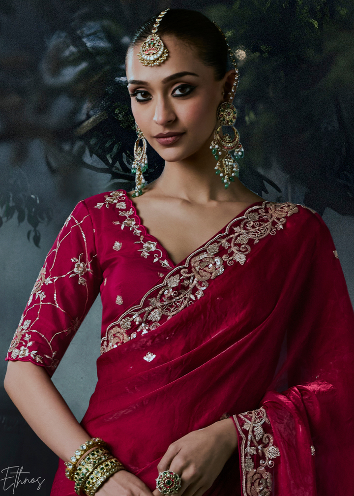 Crimson Red Sleek Border Organza Silk Saree